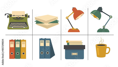 Graphic illustration of office essentials: typewriter, lamps, binders, coffee. Perfect for business and productivity themes.