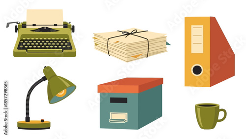 A vibrant illustration showcasing essential office supplies and work tools including a typewriter, lamp, and various documents for a productive workspace setup