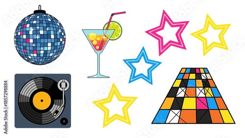 Party and Music Celebration Graphic Collection: Disco Ball, Turntable, Cocktail, and Dance Floor Illustrations for Fun Events.