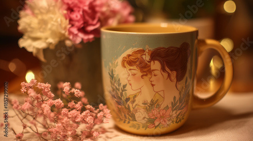 Artistic mug featuring women illustrations with flowers and soft bokeh background
