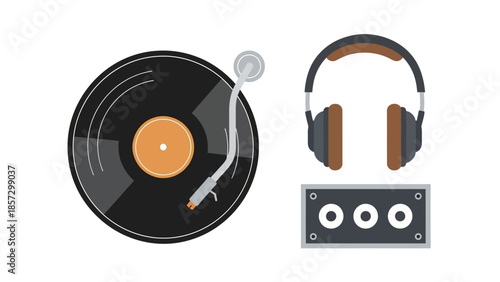 Flat illustration of essential music gear: a turntable with vinyl, classic headphones, and an audio control panel for retro sound.