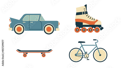Flat design illustrations of diverse personal transport and hobby items: car, roller skate, skateboard, bicycle graphics.