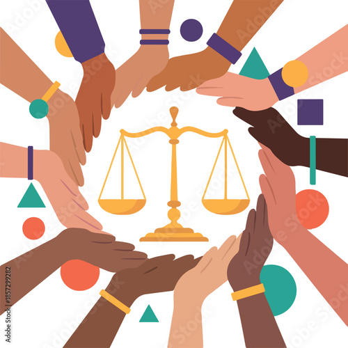 Social Justice Concept with Diverse Hands Surrounding Balance Scales. World Day of Social Justice Unity and Equality Vector. World Day of Social Justice (Feb 20) & Human Rights campaigns. 