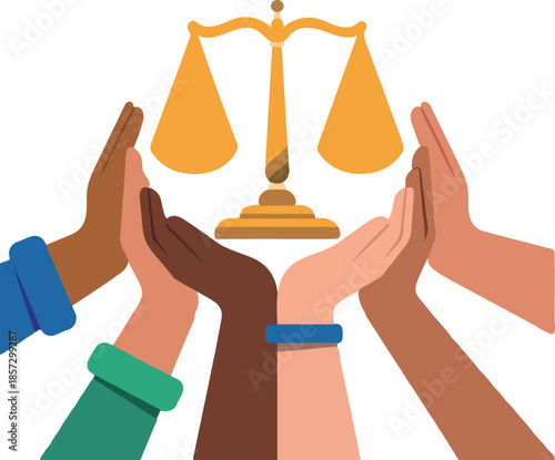 Social Justice Concept with Diverse Hands and Balance Scale Illustration. World Day of Social Justice Concept with Balance Scales. Hands Holding Justice Scales Symbol of Equality and Human Rights. 
