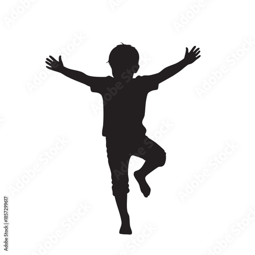 Balancing Boy Silhouette Vector Image Playful Child Pose Arms Upraised Youthful Figure Expressing Joy Stability Fun Activity Active Kid Isolated Black