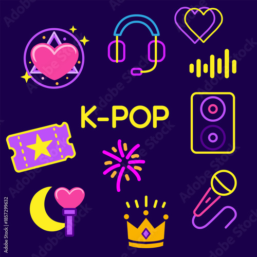 K-pop Neon Line Icons Set. Music and Fandom Vector Symbols on Dark Background.