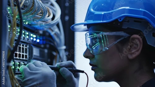 Technician in Hard Hat and Safety Glasses Working on Server Rack with Cables and Lights.