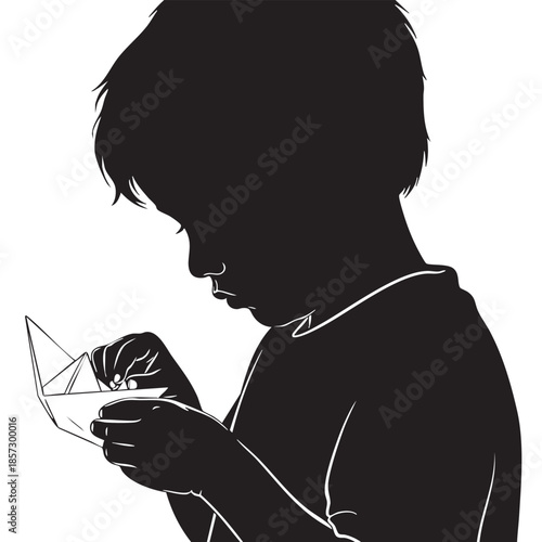 Young child in silhouette focused on carefully folding an origami paper boat, showcasing concentration and fine motor skills in a creative activity for early childhood development