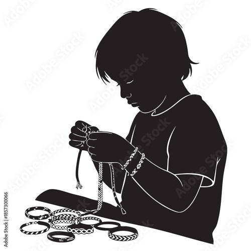 Silhouette of a child intently focused on braiding a bracelet, surrounded by various finished braided accessories, illustrating creativity and crafting skills in childhood development