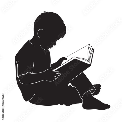 Young Boy Reading Book Silhouette Vector Illustration Child Learning Education Leisure Activity Quiet Time Student Story Time Intellectual Growth Childhood Development