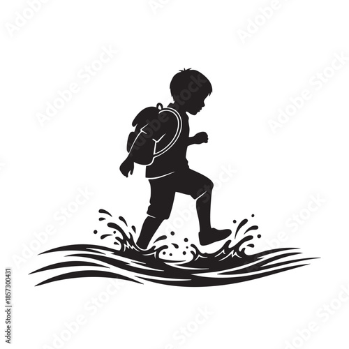 Young Boy Walking Through Puddle Silhouette Vector Illustration Child Hiker with Backpack Outdoor Adventure Splashing Water Playful Kid
