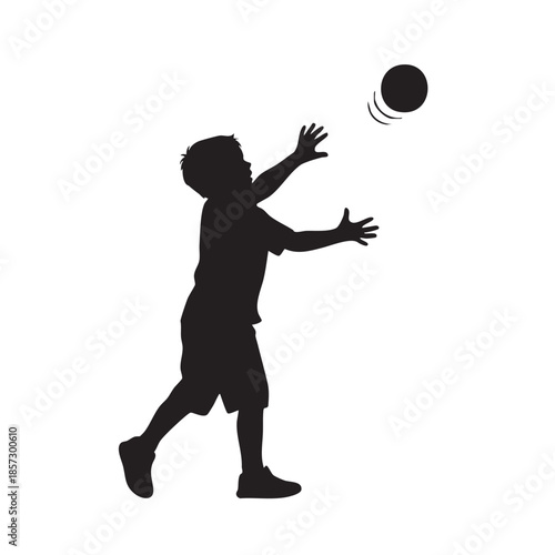 Young Boy Catching Ball Silhouette Vector Illustration Child Playing Outdoor Sport Activity Kid Game Fun Recreation Childhood Play