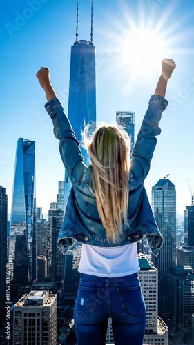 Woman Raising Arms in Triumph With Cityscape View