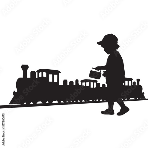 Silhouette illustration of a young child playing with a toy train, depicting a whimsical moment of childhood innocence and creative play, isolated on a clean white background