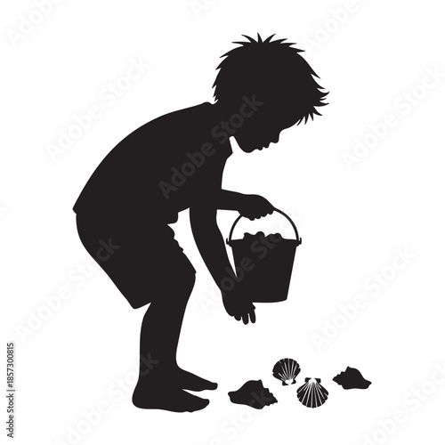 Silhouette illustration of a young boy collecting seashells on a beach, carefully placing them into a bucket, symbolizing childhood exploration and discovery by the sea