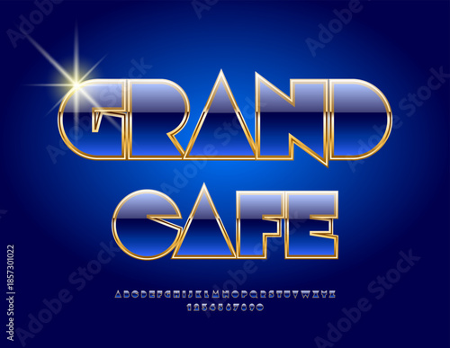 Vector chic emblem Grand Cafe. Fashion Blue and Gold Font. Elite Alphabet Letters and Numbers set