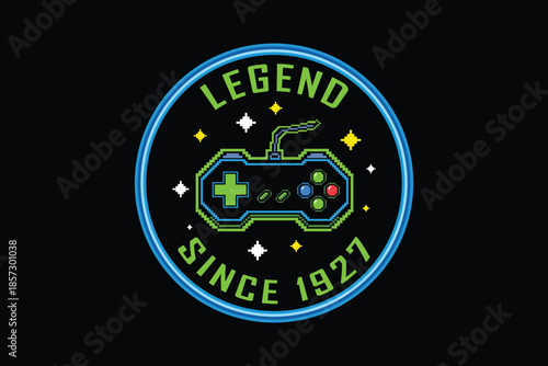 Vintage gaming badge with retro controller and legend text