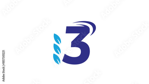 Modern blue number three logo with leaf design element, Generative AI.
