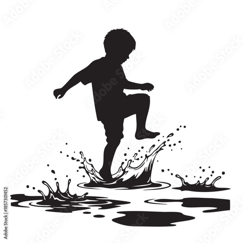 Joyful child boy silhouette jumping in puddles splashing water expressing happiness and playfulness on a rainy day vector