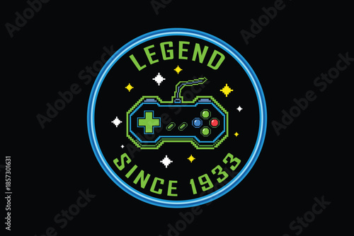Retro gaming badge with controller and legend text