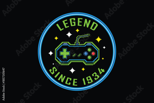 Retro gaming badge with controller and legend text