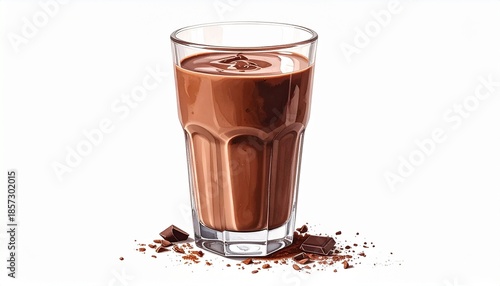 Glass of thick chocolate milk—swirl peak, scattered shavings on white surface—symbolizing indulgence, warmth, and the sensory rhythm of comfort, richness, and crafted sweetness.