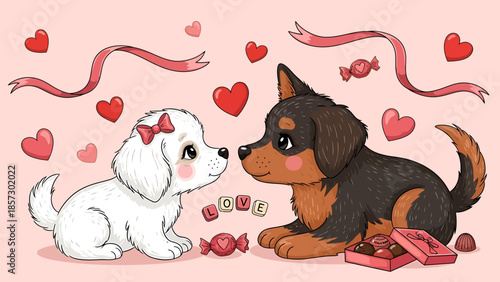 Charming Valentine's Day illustration featuring two adorable puppies sharing a box of chocolates and candy hearts