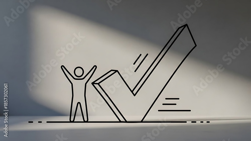 success achievement concept outline person celebrating by a large 3d checkmark icon for business goal completion and project task validation