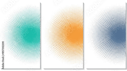 Abstract radial halftone dot patterns in turquoise, orange, and blue, creating a modern and dynamic graphic design element