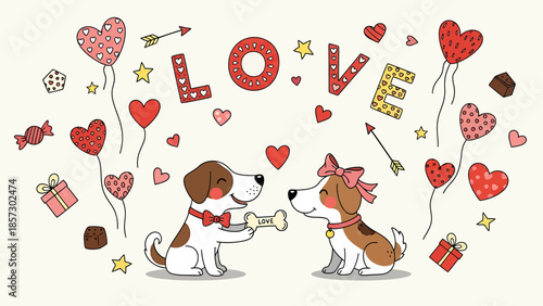 Cute dogs celebrate Valentine's Day. Vector illustration with hearts, 'LOVE' balloons, and gifts, symbolizing pet affection and romance