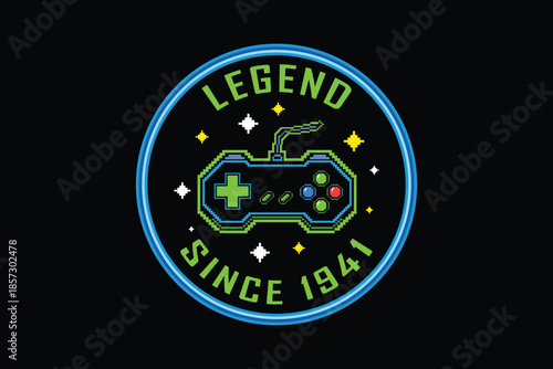 Retro gaming badge with controller and starry background