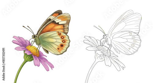 Butterfly on flower: A detailed artistic depiction of a butterfly gently perches upon a vibrant, full bloom, in both colored and line-art styles.