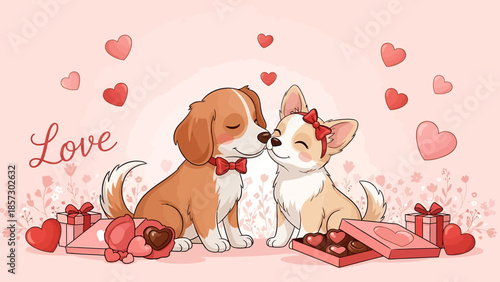 Cute Puppy Couple Sharing Affection and Chocolates on a Romantic Pink Background with Floral Elements, Perfect for Valentine's Day Celebrations
