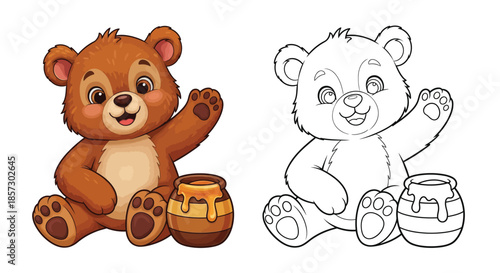 Friendly Teddy Bear in Cartoon Style: A cute teddy bear with soft fur and a welcoming wave, sitting beside a pot of sweet honey. A perfect illustration for children's books or designs.
