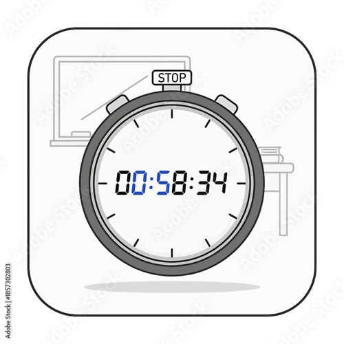 Stopwatch Displaying Time in Front of Desk with Laptop and Books.