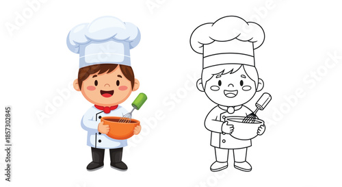 Sweet Chef's Delight: A charming, young chef, adorned in a pristine white uniform, joyfully crafts a delectable treat in a kitchen scene. 