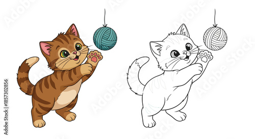 Playful Kitten with Yarn: A charming illustration captures the playful antics of a kitten as it bats at a dangling ball of yarn, embodying the joy and curiosity of domestic feline.