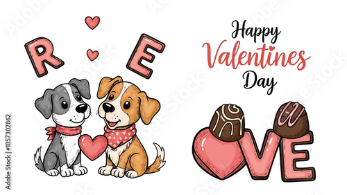 Sweet illustrated puppies in a heartwarming pose, celebrating love and companionship with charming romantic elements and festive chocolate designs