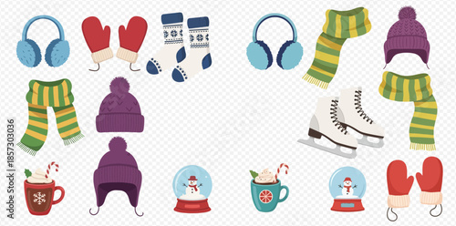 Collection of winter accessories including hats, scarves, mittens, earmuffs, socks, ice skates, hot chocolate, and snow globes.