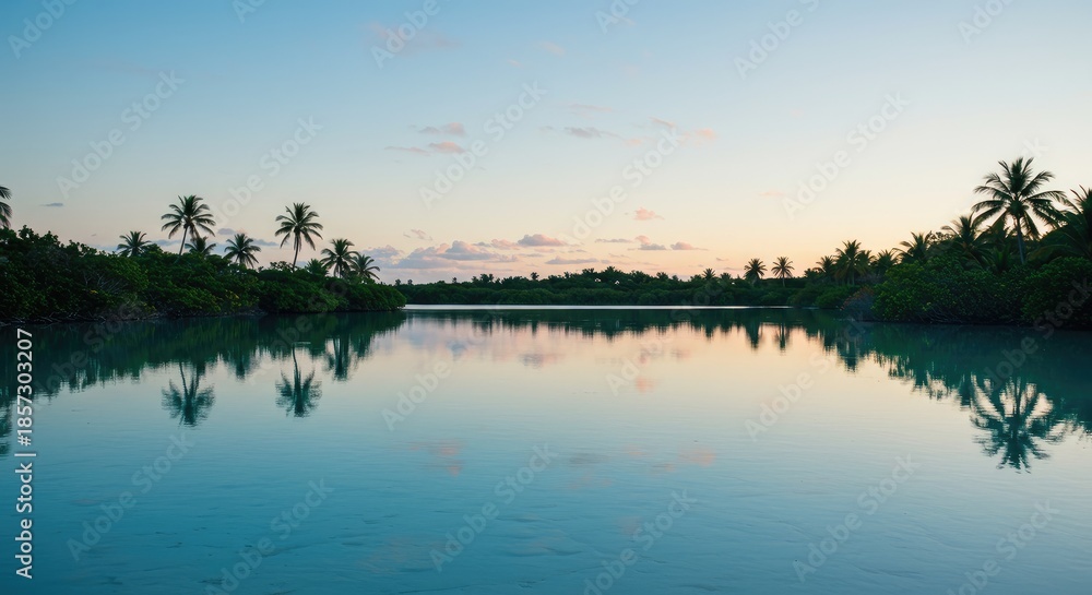 Fototapeta premium Serene Tropical Lagoon at Dusk: Palm Reflections in Calm Waters