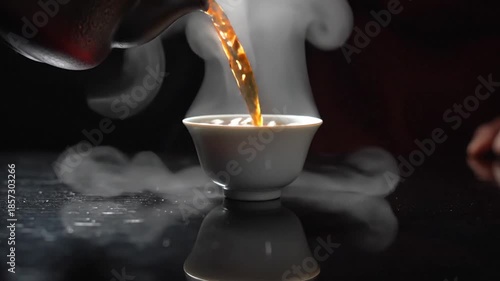 Aromatic Hot Tea Being Poured From A Dark Ceramic Teapot Into A White Porcelain Cup With Gold Rim Creating Aromatic Steam Against A Dark Moody Background With A Reflective Surface