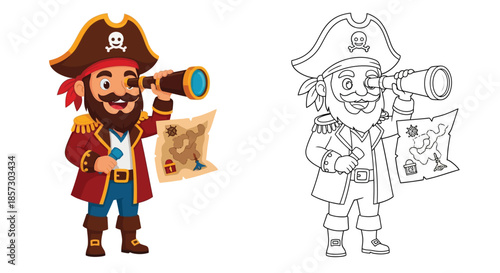 A Pirate with a Map: A cartoon pirate, donned in a hat, stands in a flat style, peering through a telescope while holding a map in his hand, ready to discover treasure.