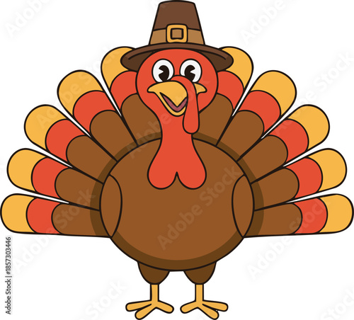 A charming cartoon turkey with a feathered tail and a delightful expression is perfect for autumn