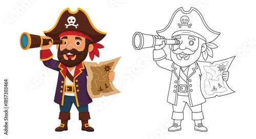 Avast, Matey! Pirate's Treasure Hunt: A vibrant illustration showcasing a charming cartoon pirate, equipped with a spyglass and treasure map, embarking on an exciting quest!