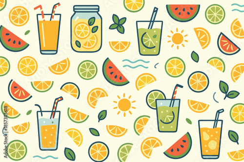 Summer Citrus Drink Seamless Pattern Flat Illustration