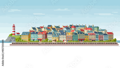 Colorful Coastal Town with Lighthouse and Row Houses - Vector Illustration