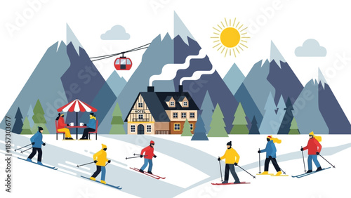 Ski Resort Scene: Mountain lodge, skiers, cable car and sunny sky.