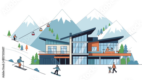 Modern ski resort lodge with mountain backdrop, skiers, snowboarders, and cable cars