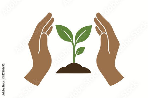 Hands Protecting Young Plant Illustration on White Background