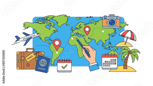 Worldwide Travel Planning: Map, Plane, Passport, Suitcase, Calendar & Beach Icon